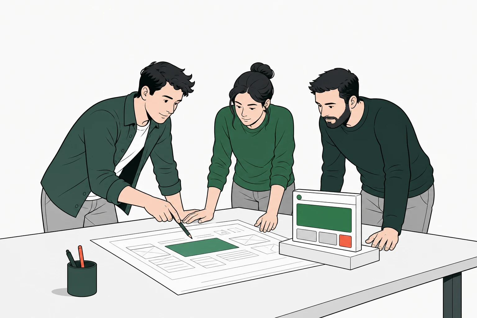Software craftspeople reviewing a product blueprint together