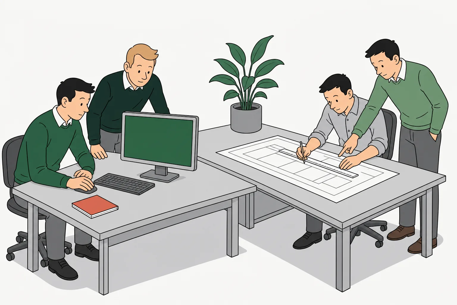 Engineers pair-programming at two studio desks over shared screens