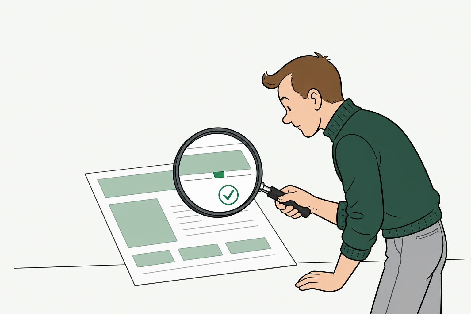 Illustrated software maker inspecting an application page with a magnifying glass.