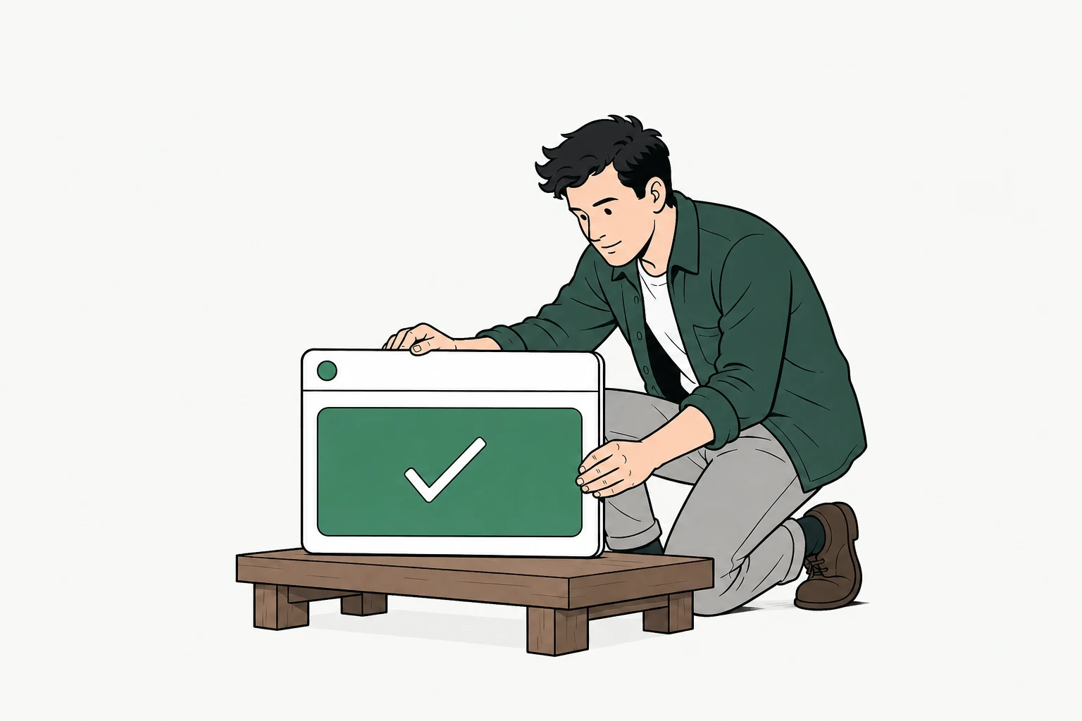 Illustrated software maker aligning a finished application window.